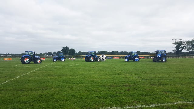 Marty Morrissey takes on the challenge of tractor football at the Ploughing