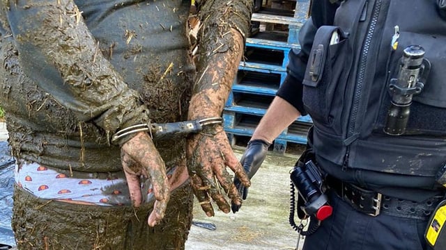 Man arrested after falling ‘neck-deep’ into slurry pit after police chase